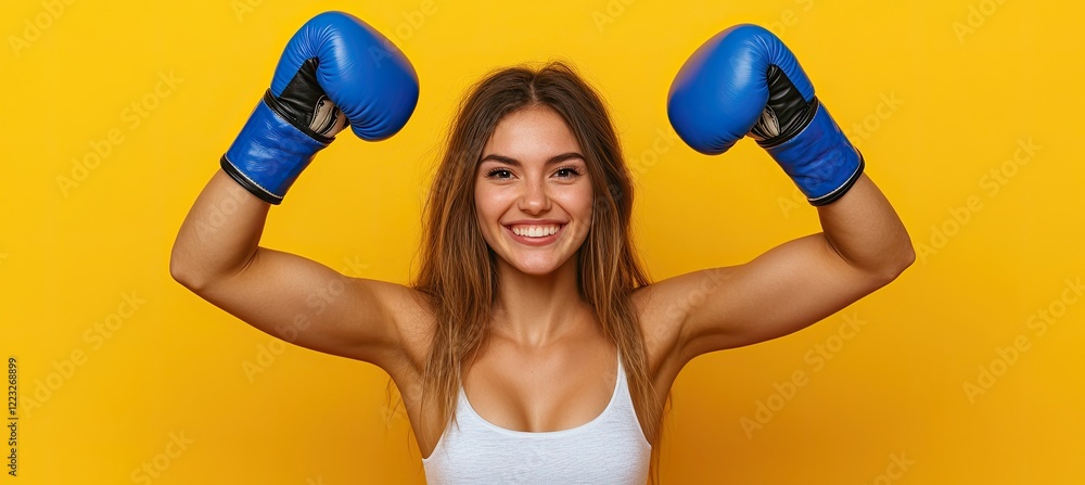 A happy young woman in blue boxing gloves stands on the left side of an isolated yellow background, with her hands raised and laughing at the camera A happy young woman in blue boxing gloves stands on the left side of an isolated yellow background, with her hands raised and laughing at the camera