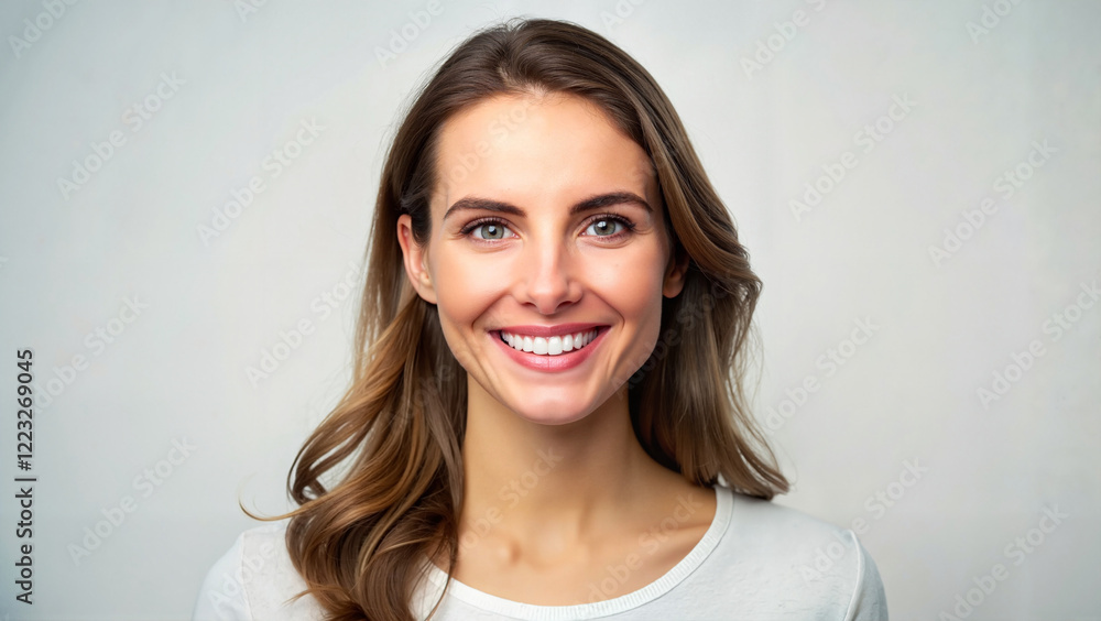 Cheerful woman with wavy brown hair and bright smile Cheerful woman with wavy brown hair and bright smile