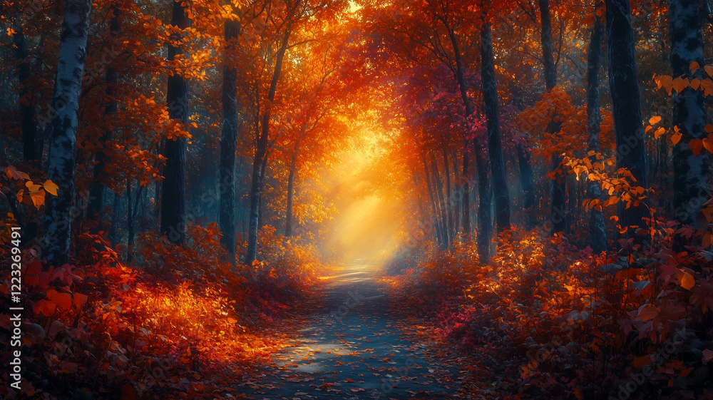 a peaceful scene of a forest path in autumln with a welcoming glow a peaceful scene of a forest path in autumln with a welcoming glow