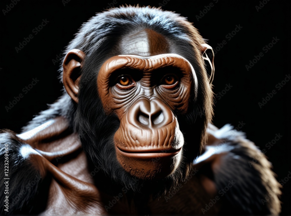 Lifelike sculpture of an ancient primate displayed against a dark background Lifelike sculpture of an ancient primate displayed against a dark background