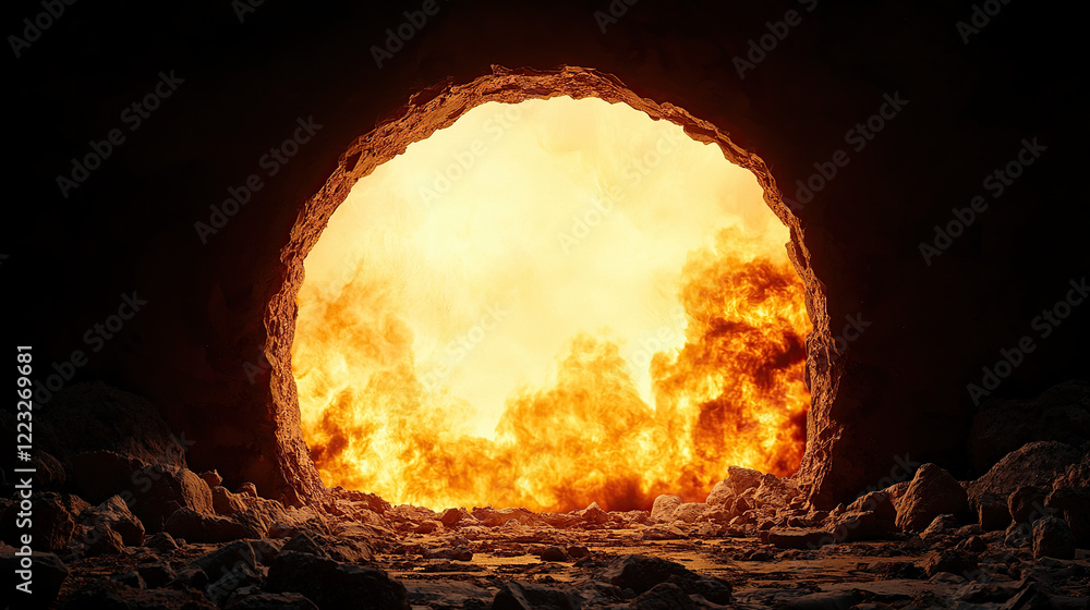 fiery cave entrance with intense flames illuminating rocky interior, creating dramatic and powerful scene. glowing fire contrasts with dark cave walls, evoking sense of danger and mystery fiery cave entrance with intense flames illuminating rocky interior, creating dramatic and powerful scene. glowing fire contrasts with dark cave walls, evoking sense of danger and mystery