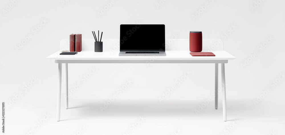A minimalist desk setup with a sleek tablet and coffee cup productivity focus contemporary design and work-life balance versatility