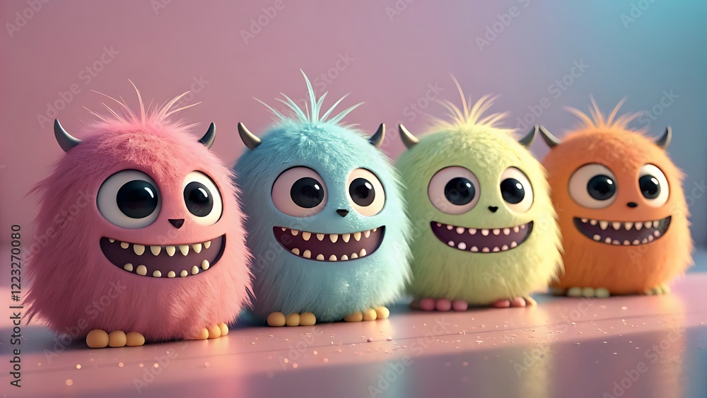 Fototapeta premium Colorful monsters 3d artwork digital illustration cute furry characters fantasy mascot design children cartoon animation friendly creatures concept art character collection studio render