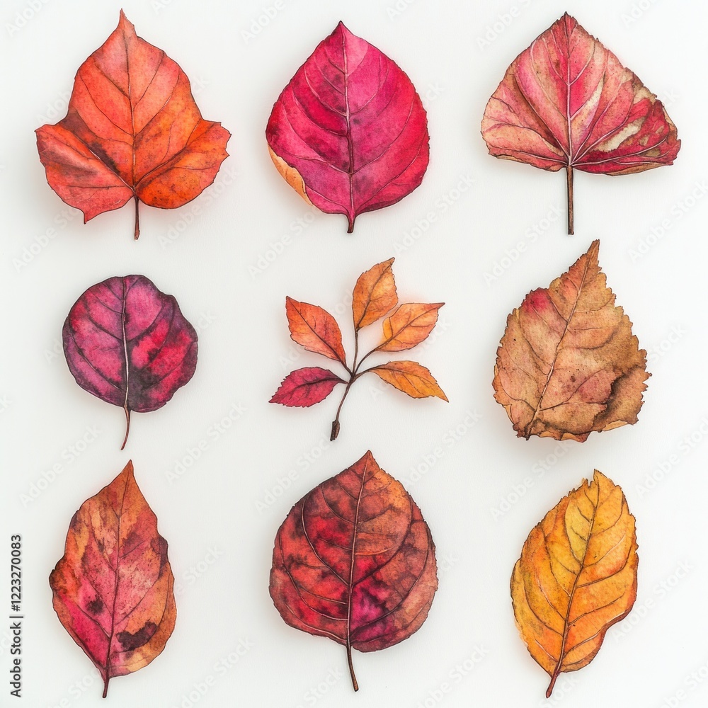 Fototapeta premium Autumn leaves arrangement, white background, fall foliage, seasonal decor
