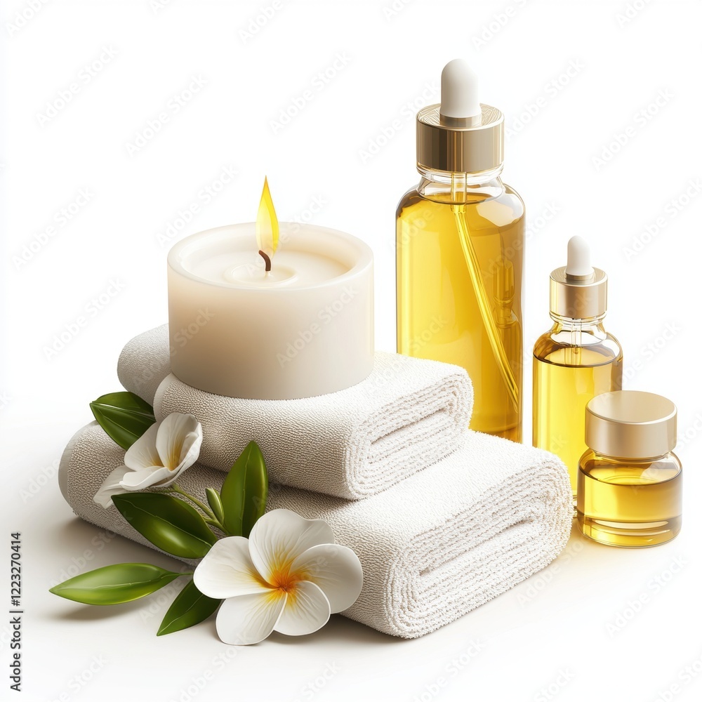 3D icon spa day with candles, towels, and essential oils, isolated on a white background 3D icon spa day with candles, towels, and essential oils, isolated on a white background