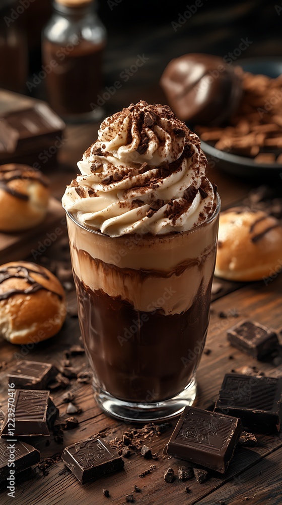 Iced chocolate drink with whipped cream and chocolate pieces. Iced chocolate drink with whipped cream and chocolate pieces.
