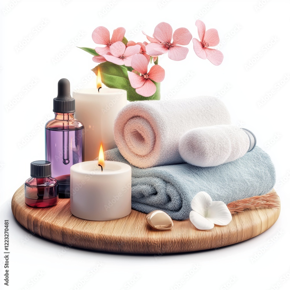 3D icon spa day with candles, towels, and essential oils, isolated on a white background 3D icon spa day with candles, towels, and essential oils, isolated on a white background