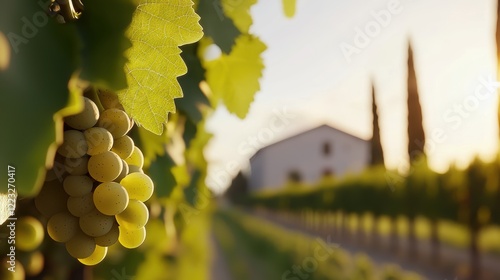 A scenic vineyard terrace under golden sunlight rustic charm agricultural beauty and countryside peace classic and inviting photo