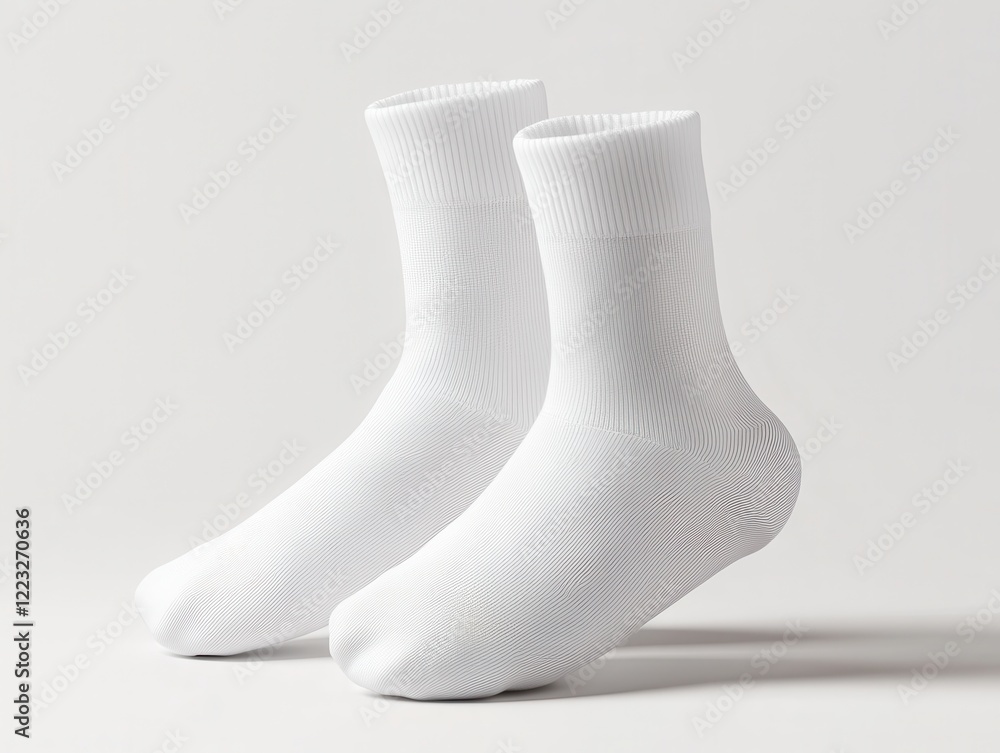Socks Mockup Concept. White patterned socks displayed against a neutral background, showcasing their texture and design. Socks Mockup Concept. White patterned socks displayed against a neutral background, showcasing their texture and design.
