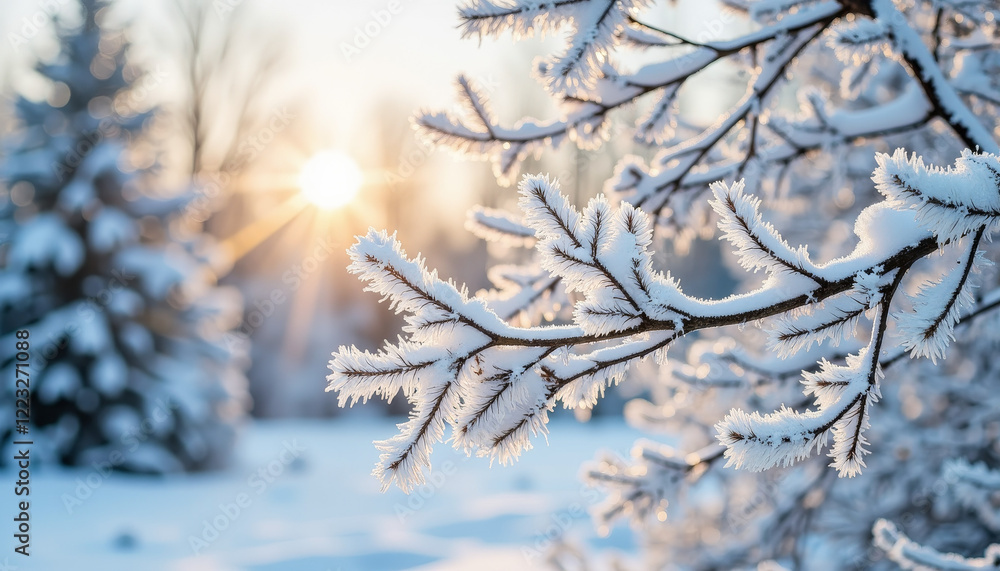 Sparkling frost on delicate branches in winter forest at dawn, serene beauty Sparkling frost on delicate branches in winter forest at dawn, serene beauty