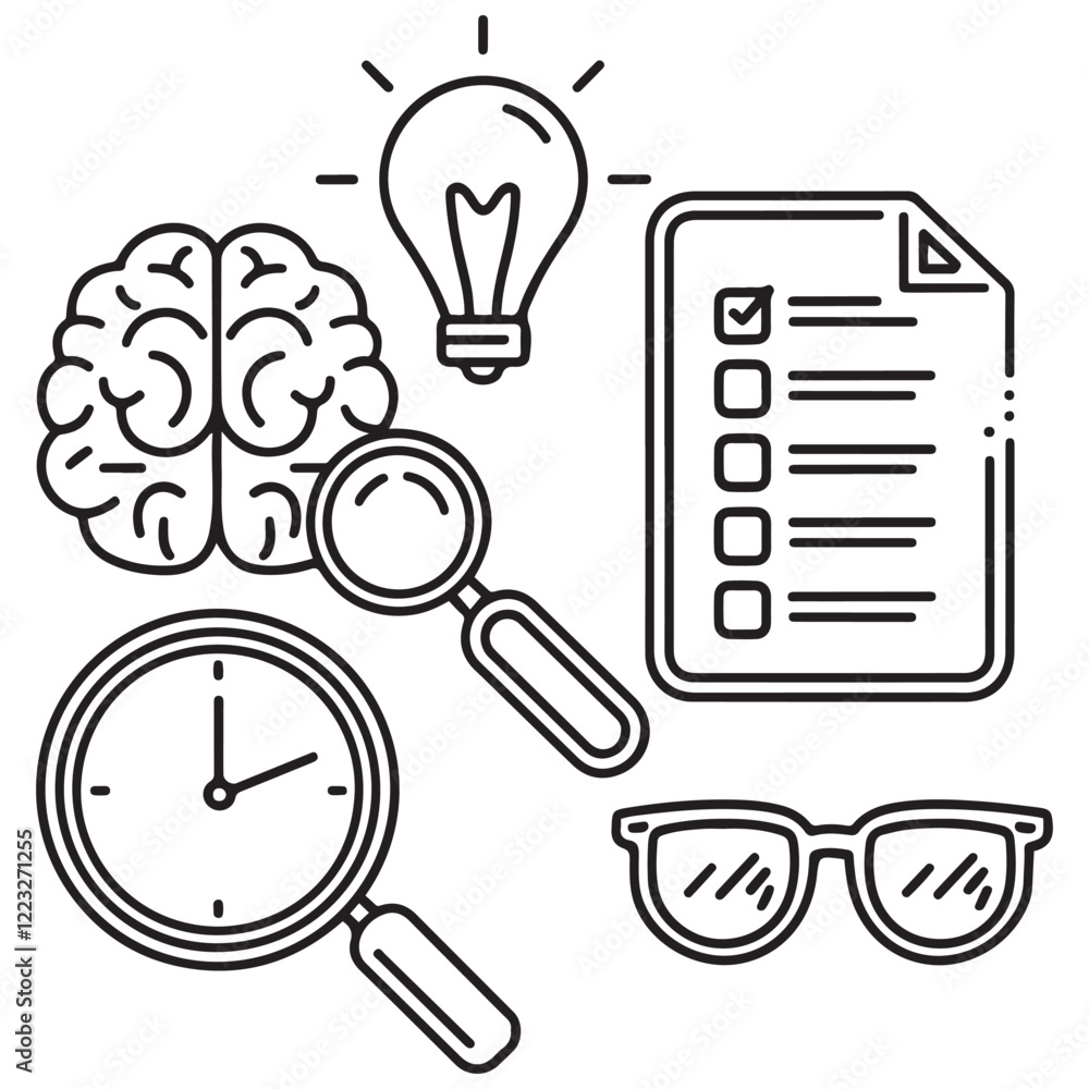 Set of outline icons related to focus, concentration. Linear icon collection. Editable stroke. Vector illustration Set of outline icons related to focus, concentration. Linear icon collection. Editable stroke. Vector illustration