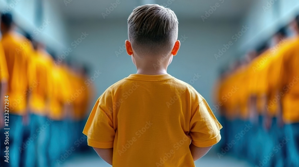 Fototapeta premium A young child stands in front of a line of people wearing yellow shirts, creating a striking contrast between innocence and conformity.