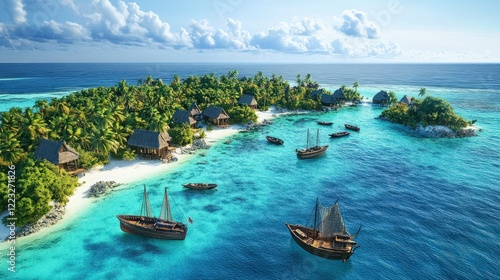 A vibrant scene of an atoll surrounded by coral gardens, with traditional wooden fishing boats anchored in its calm lagoon, and the open ocean in the background photo