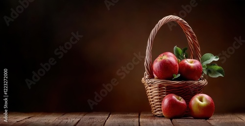 Harvesting fresh apples a woven basket display on rustic wood table photo