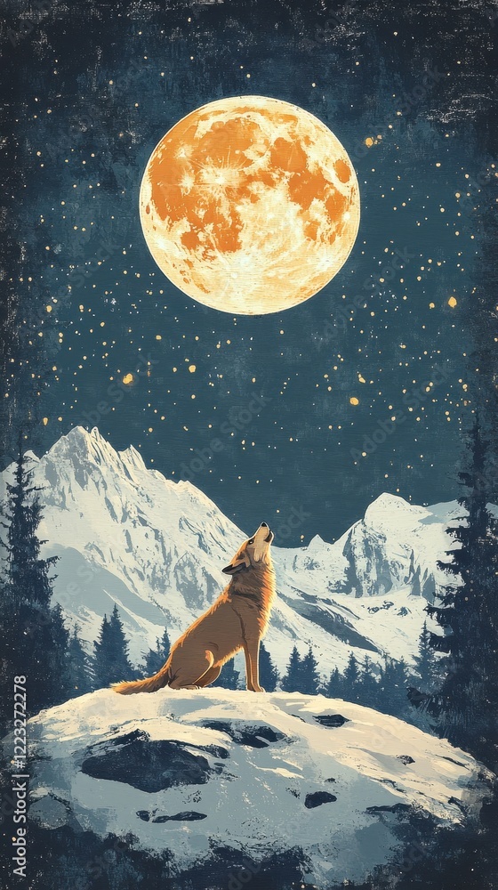 Lone Wolf Howling at the Harvest Moon Under Starry Night Sky Lone Wolf Howling at the Harvest Moon Under Starry Night Sky