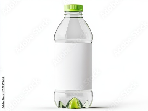 plastic soda bottle mockup concept. Clear plastic water bottle with a green cap and a blank label, ideal for branding or product placement. photo