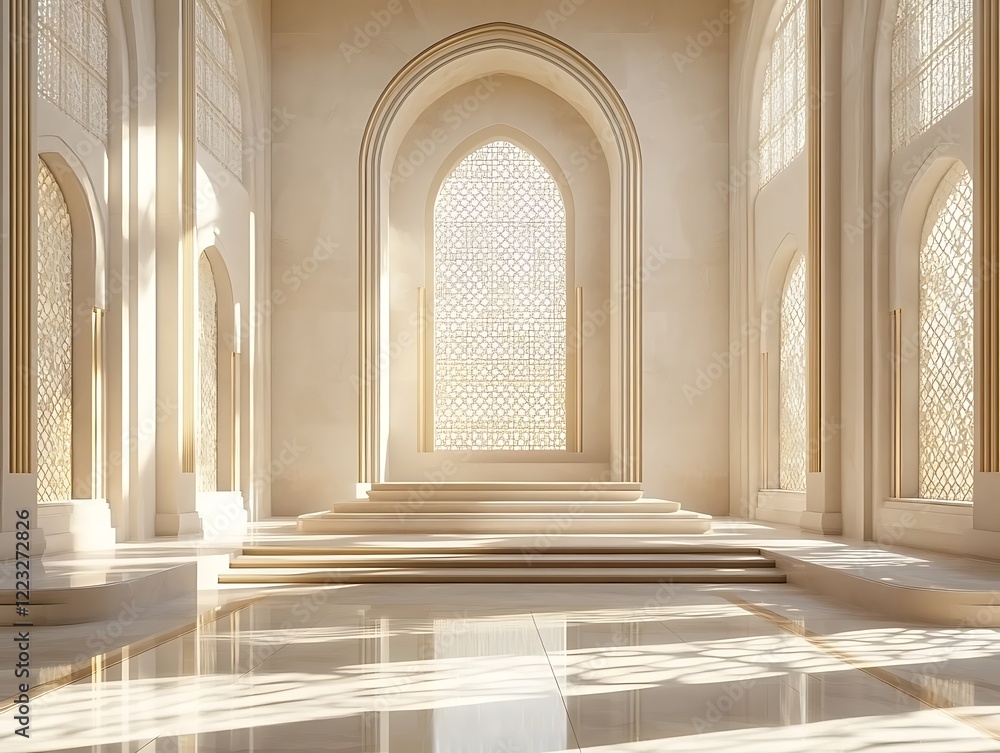 Sunlit opulent hall with arched windows and raised platform. Sunlit opulent hall with arched windows and raised platform.