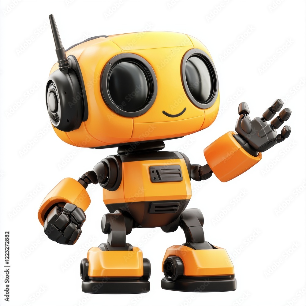 3D icon cartoon of a whimsical robot waving with one hand, isolated on a white background 3D icon cartoon of a whimsical robot waving with one hand, isolated on a white background