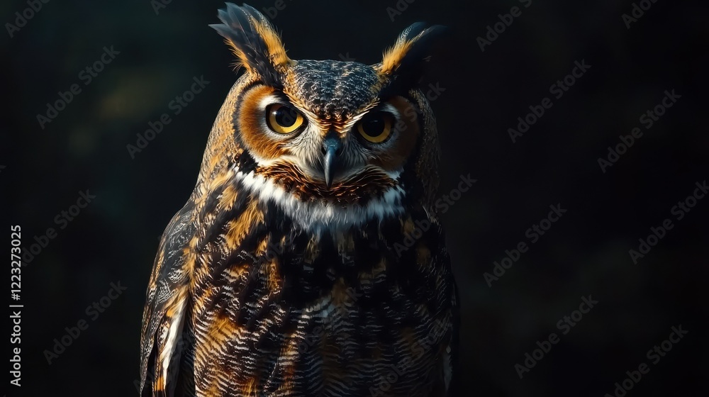 Fototapeta premium Majestic great horned owl in midnight forest with intense gaze