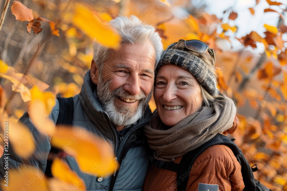 Portrait of a joyful couple in their 40s dressed in a breathable mesh vest isolated on background of autumn leaves Portrait of a joyful couple in their 40s dressed in a breathable mesh vest isolated on background of autumn leaves