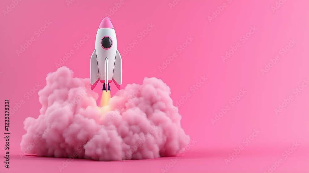 Creative 3D rocket launching amidst fluffy pink clouds in a cyberpunk minimalistic style Creative 3D rocket launching amidst fluffy pink clouds in a cyberpunk minimalistic style