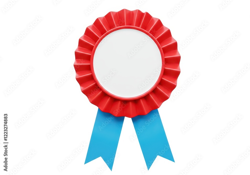 A round red ribbon rosette with a pleated edge surrounding a blank white center A round red ribbon rosette with a pleated edge surrounding a blank white center