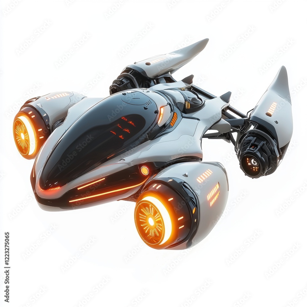 Obraz premium 3D icon cartoon of a futuristic flying car with glowing thrusters, isolated on a white background --quality 2