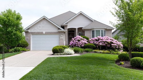 Suburban home with blooming azaleas, landscaping, driveway. Real estate listing image