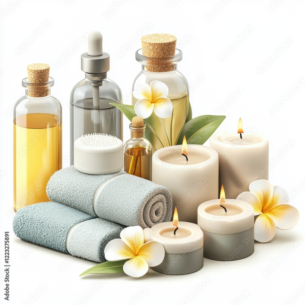 3D icon cartoon of spa essentials like candles, towels, and oils, isolated on a white background 3D icon cartoon of spa essentials like candles, towels, and oils, isolated on a white background
