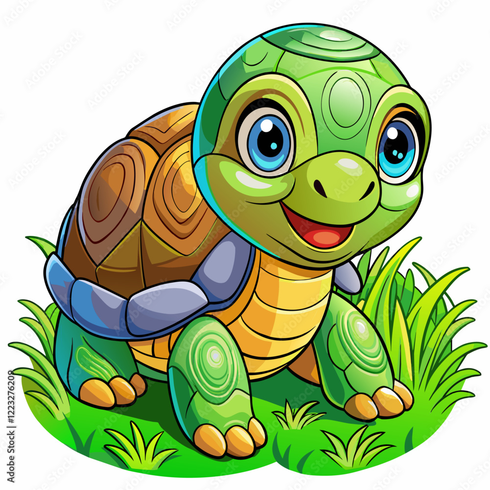 Fototapeta premium Vector illustration of a baby turtle on the grass on white background - Generative AI
