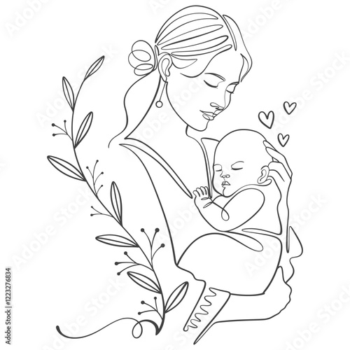 Mother and baby line art style vector illustration