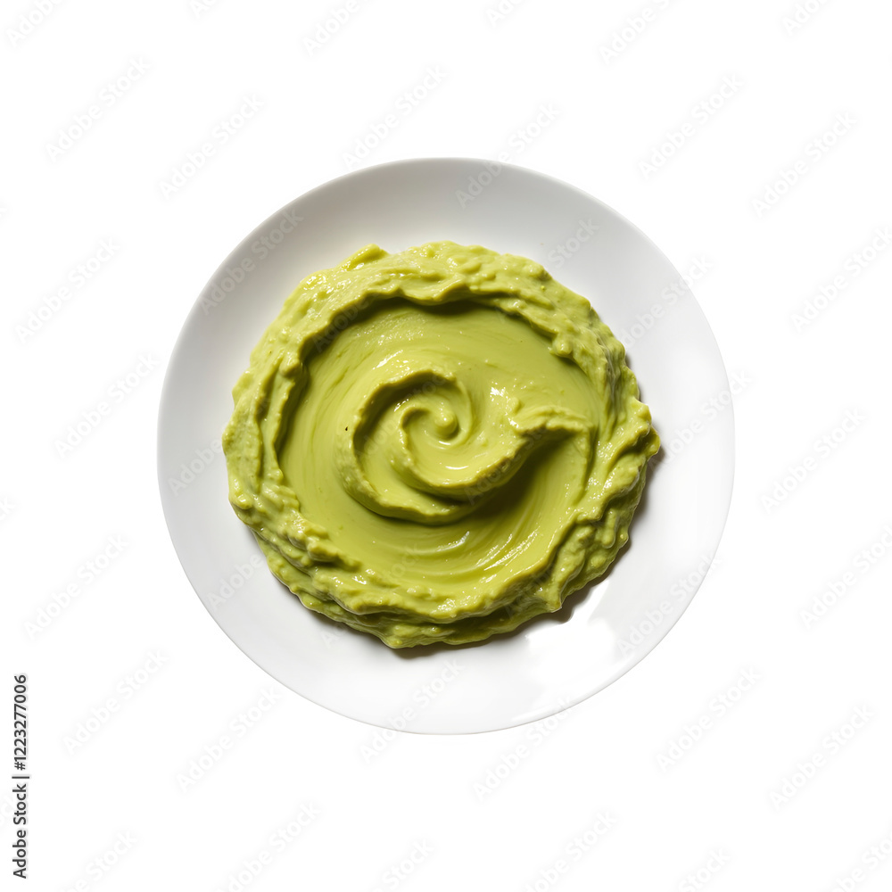 Avocado guacamole on white plate isolated on transparent background Avocado guacamole on white plate isolated on transparent background