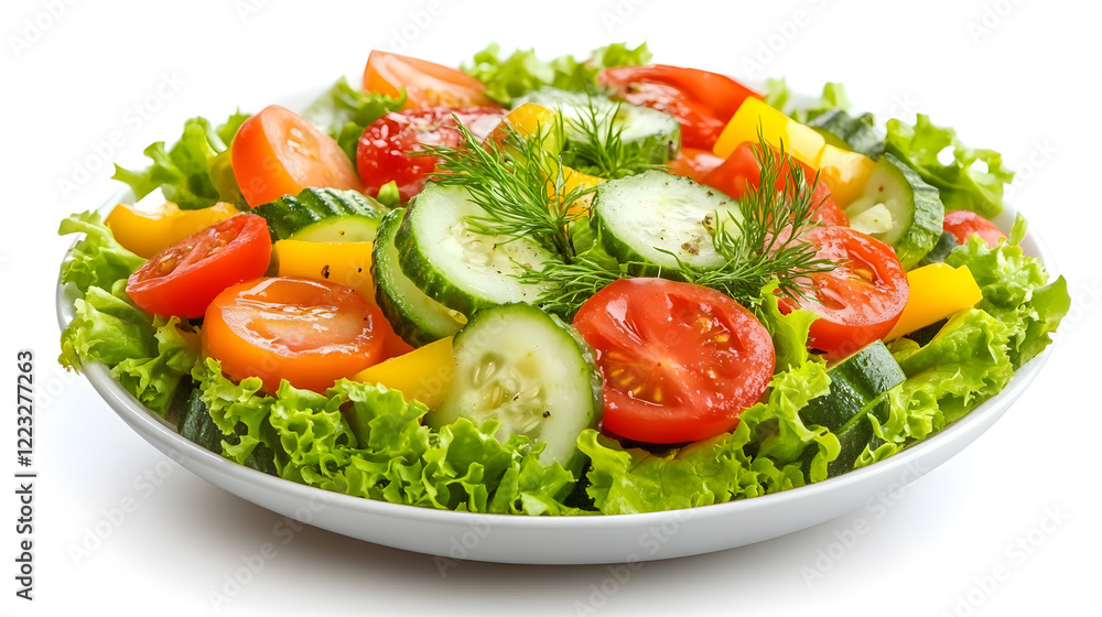 bowl of colorful vegetable salad with fresh ingredients including lettuce, tomatoes, cucumbers, and bell peppers, garnished with dill, creating vibrant and healthy dish bowl of colorful vegetable salad with fresh ingredients including lettuce, tomatoes, cucumbers, and bell peppers, garnished with dill, creating vibrant and healthy dish