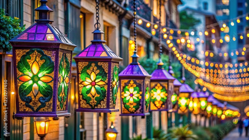 Obraz premium A row of lighted lanterns with Mardi Gras patterns hanging across a street