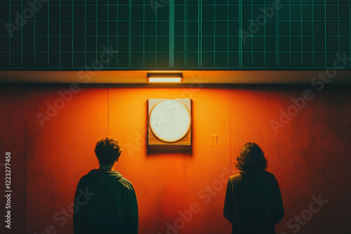 Situationship relationship. Friendship ambiguity. Intimacy. Silhouetted figures stand before a glowing circle on an orange wall, under a geometric backdrop. photo