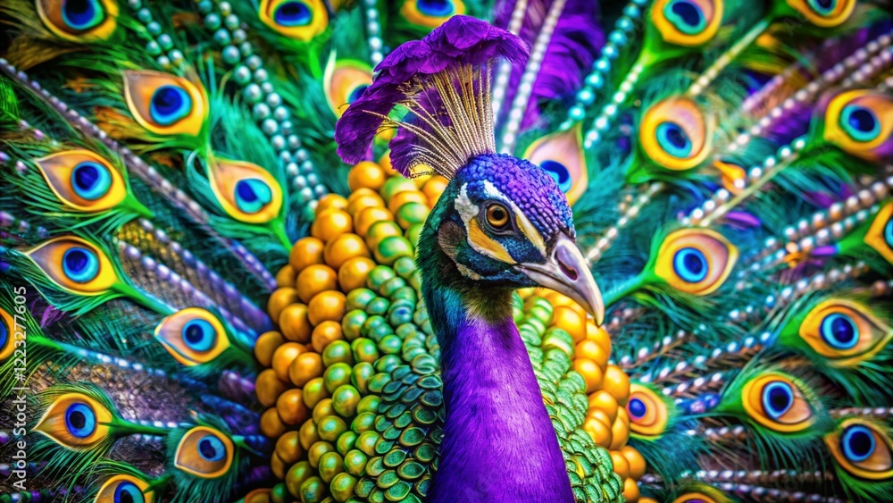 Obraz premium A vibrant peacock with Mardi Gras-inspired plumage