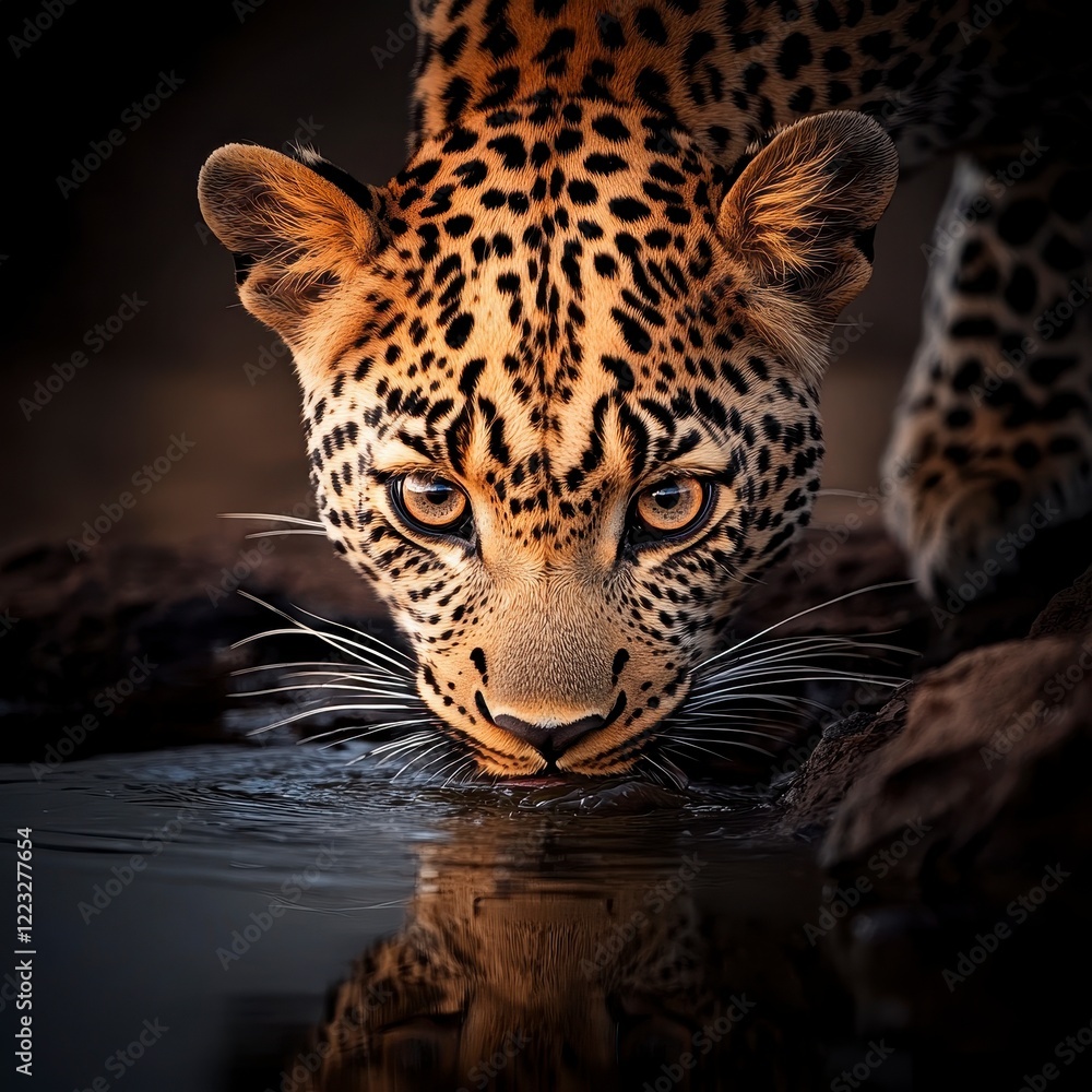 Obraz premium Leopard at Waterhole, a majestic leopard quenching its thirst, showcasing intricate fur patterns and serene surroundings in bright daylight.