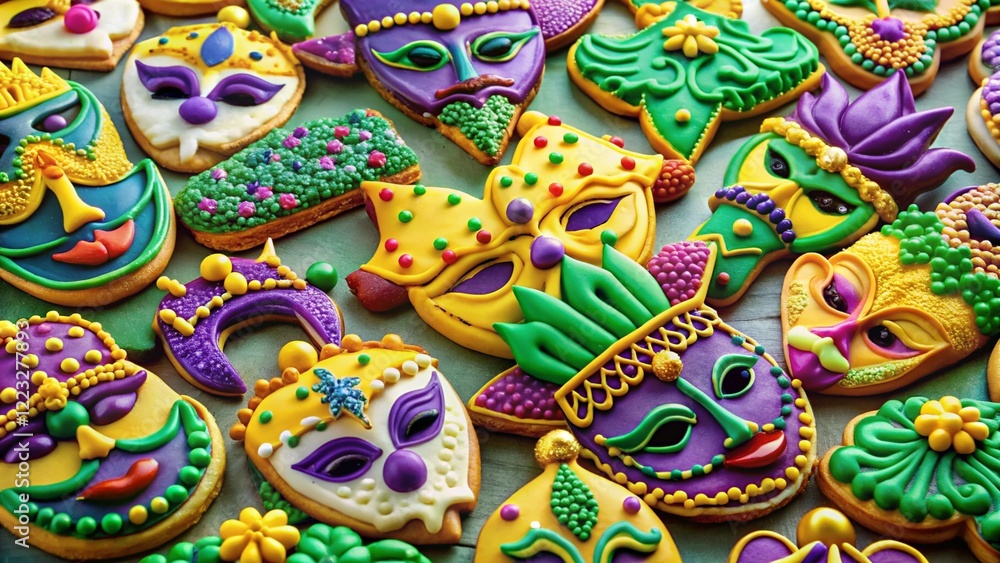 Fototapeta premium A colorful array of Mardi Gras-themed cookies shaped like masks and crowns