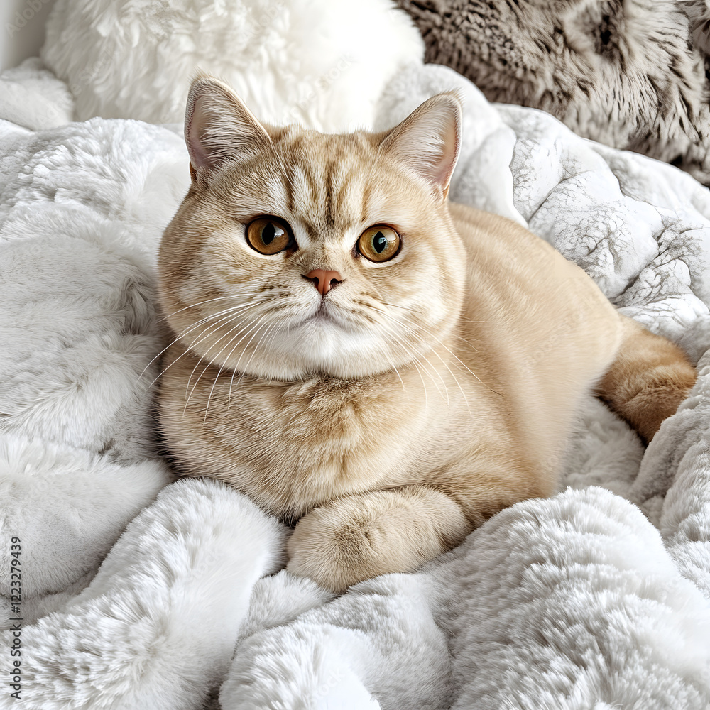 British Shorthair cat with plush coat lies comfortably on soft, white blanket, exuding sense of calm and contentment British Shorthair cat with plush coat lies comfortably on soft, white blanket, exuding sense of calm and contentment