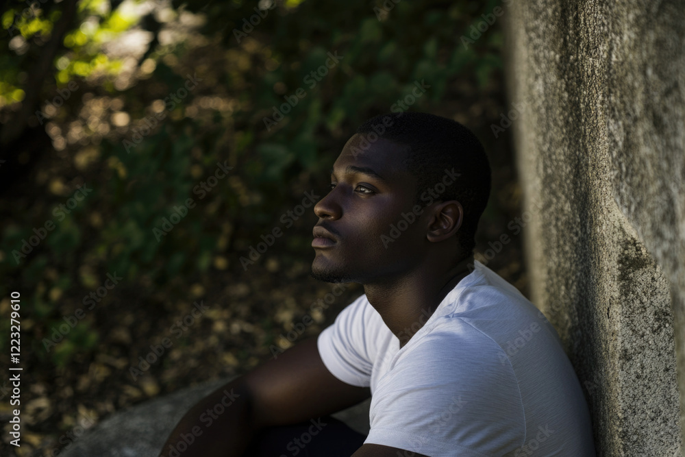 Fototapeta premium sad African-American man in a white shirt sitting near a stone , zero discrimination day