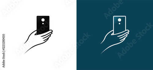 Vector illustration design of a hand holding a cellphone, taking a photo or chatting