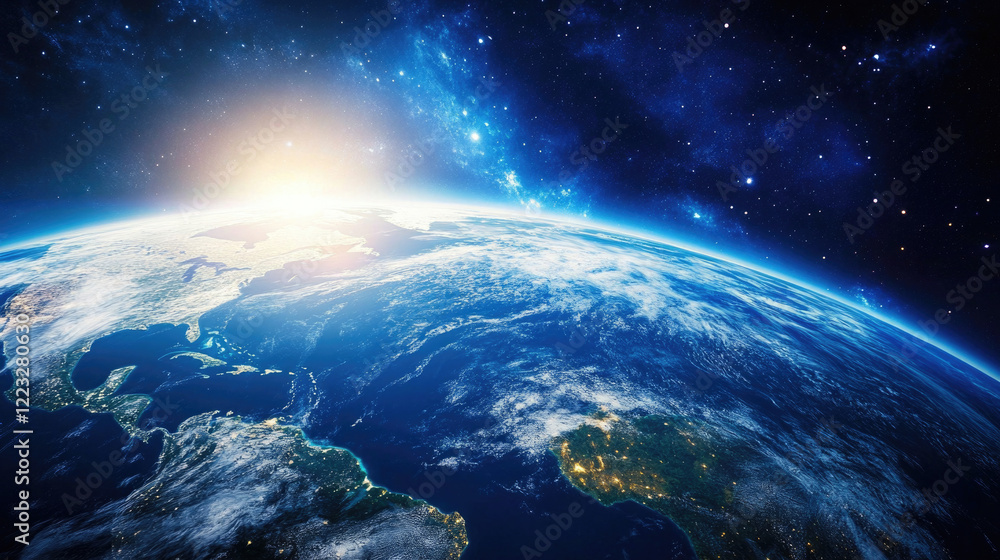 Fototapeta premium View of Earth from space with the sun rising over the horizon in a stunning cosmic landscape