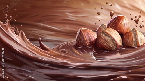 Hazelnuts cascading and creating ripples in chocolate cream photo