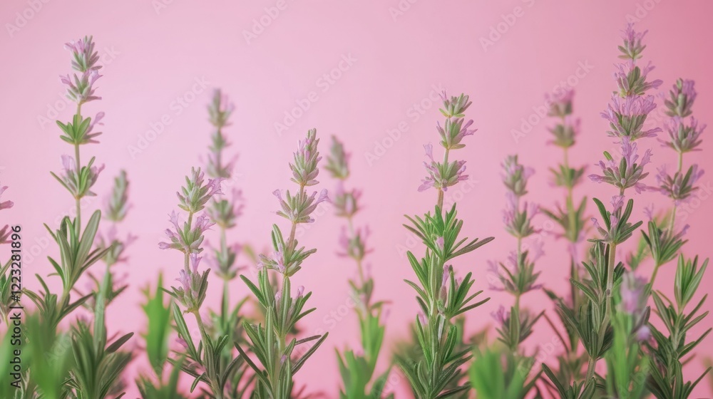 Lavender blooms against pink background showing vibrant spring colors Lavender blooms against pink background showing vibrant spring colors