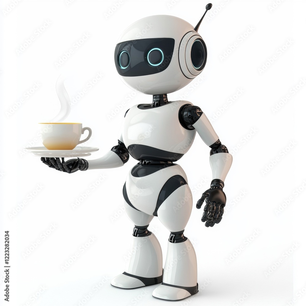 3D icon cartoon of a robot butler serving tea, isolated on a white background -- 3D icon cartoon of a robot butler serving tea, isolated on a white background --