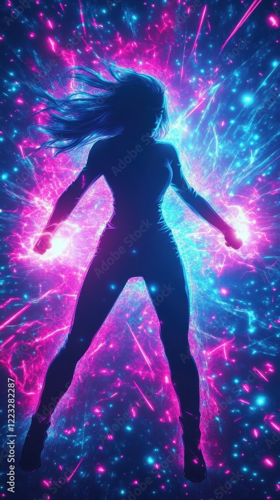 Woman Silhouette Embraces Neon Energy Burst Woman Silhouette Embraces Neon Energy Burst