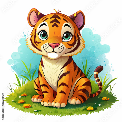 Vector illustration of a baby tiger on the grass on white background - Generative AI
