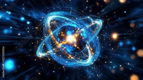 Glowing atomic structure with electrons orbiting in vibrant blue quantum universe