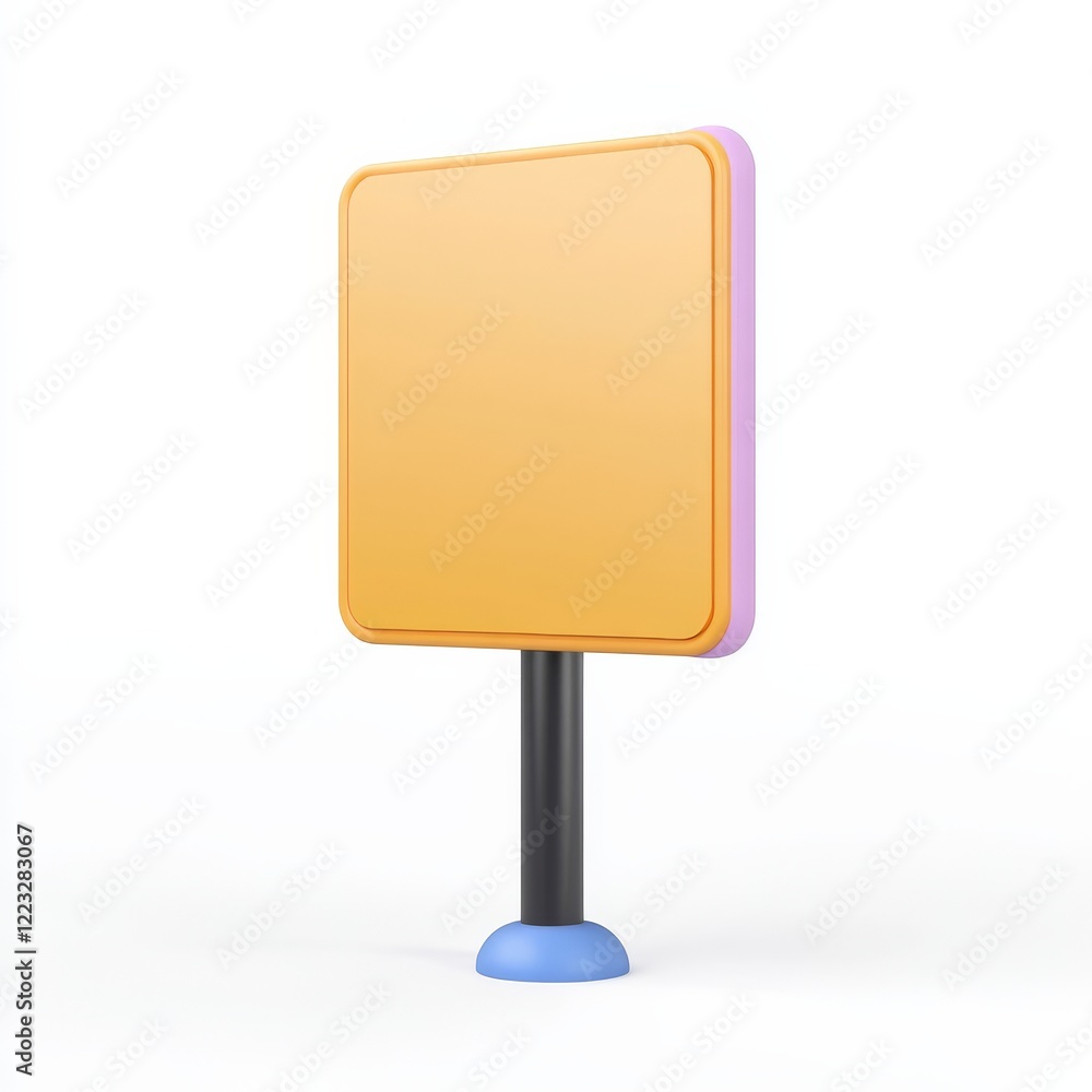 A colorful, empty sign with a square shape, mounted on a black pole, featuring a blue base. A colorful, empty sign with a square shape, mounted on a black pole, featuring a blue base.