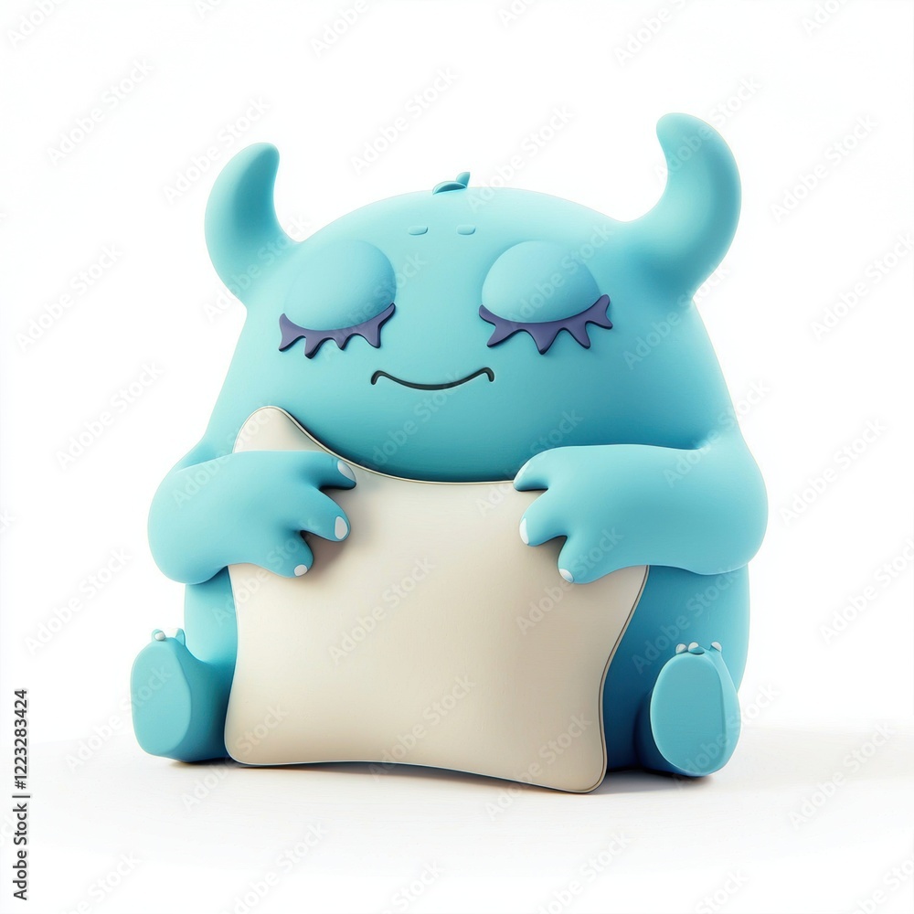 3D icon cartoon sleepy monster hugging a tiny pillow, isolated on a white background 3D icon cartoon sleepy monster hugging a tiny pillow, isolated on a white background